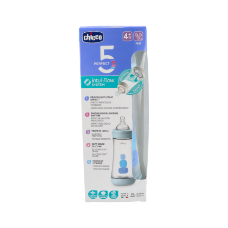 BIBERON PLASTICO T SILICONA CHICCO PERFECT5 AZUL 4M+ FLUJO RAPIDO 300 ML