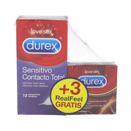 DUREX SENSITIVO CONTACTO TOTAL+ DUREX REAL FEEL PRESERVATIVOS 12 UNIDADES + 3 UNIDADES PROMOCION